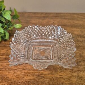 VINTAGE Clear Pressed Glass Textured Diamond Point Decorative Dish
